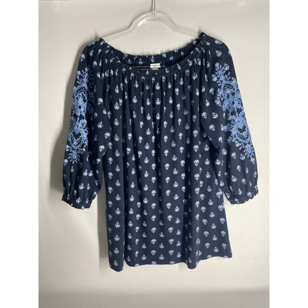 J.Jill Blue Floral Embroidered 3/4 Sleeve Off the Shoulder Blouse Top Small TALL